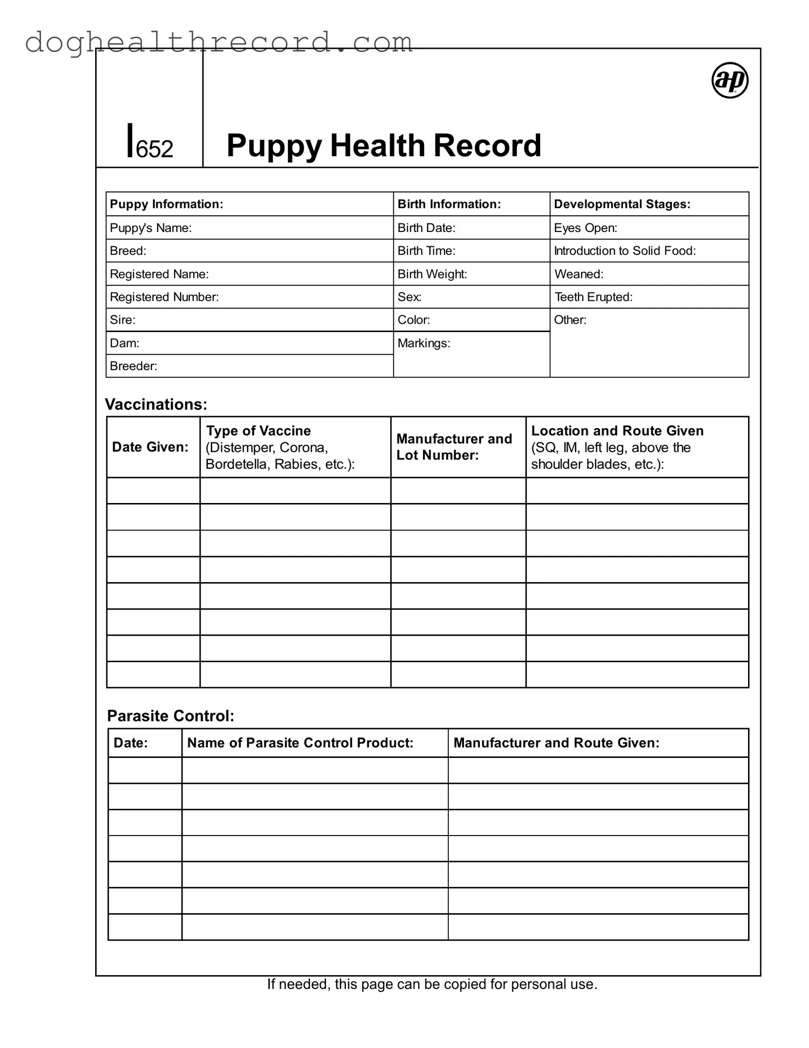 Fillable Puppy Health Record Form in PDF